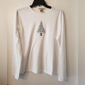 M&C Sportswear Brand White Long Sleeve Shirt with Christmas Tree Design Size L